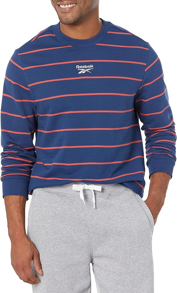 Reebok Men's Standard Small Crewneck Sweatshirt, Batik Blue/Red Stripes/White Logo, Large