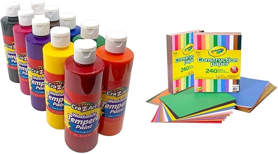 Cra-Z-Art Washable Tempera Paint Bulk Pack 10ct, Assorted Colors 8oz each bottle and Crayola Construction Paper - 480ct (2 Pack), Bulk School Supplies for Kids