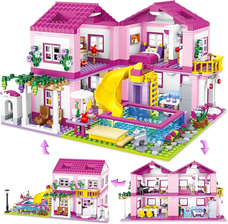 Pink Girls Summer Villa Friends Building Set Compatible with Lego Friends Construction Educational Toy for Kids Age 6-12 and Up 1523 PCS