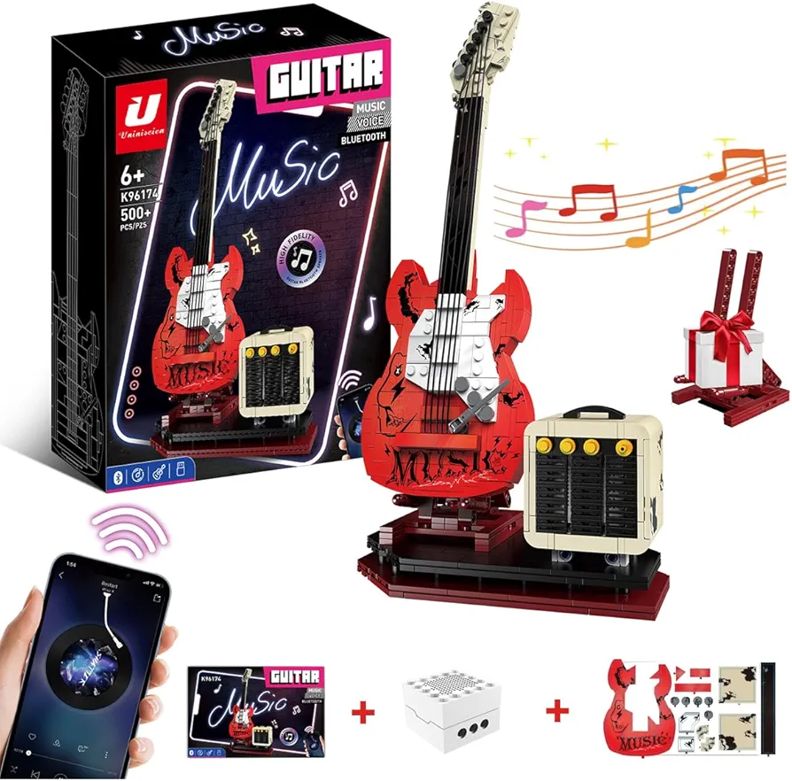 Creative DIY Guitar Model Toy Compatible with Lego.Complete with Reverb Amplifier.Guitar Music Interactive Building Set for Music Lovers.Perfect Way to Rock Gift Giving.