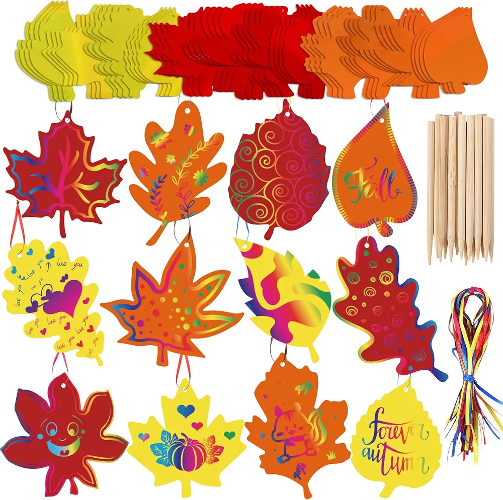 JarThenaAMCS 60 Fall Scratch Art Set Autumn Maple Leaves Shape Scratch Paper with Ribbon Wooden Stylus Sticks 12 Designs Scratch Off Paper for Thanksgiving DIY Crafts Party Favor Supplies