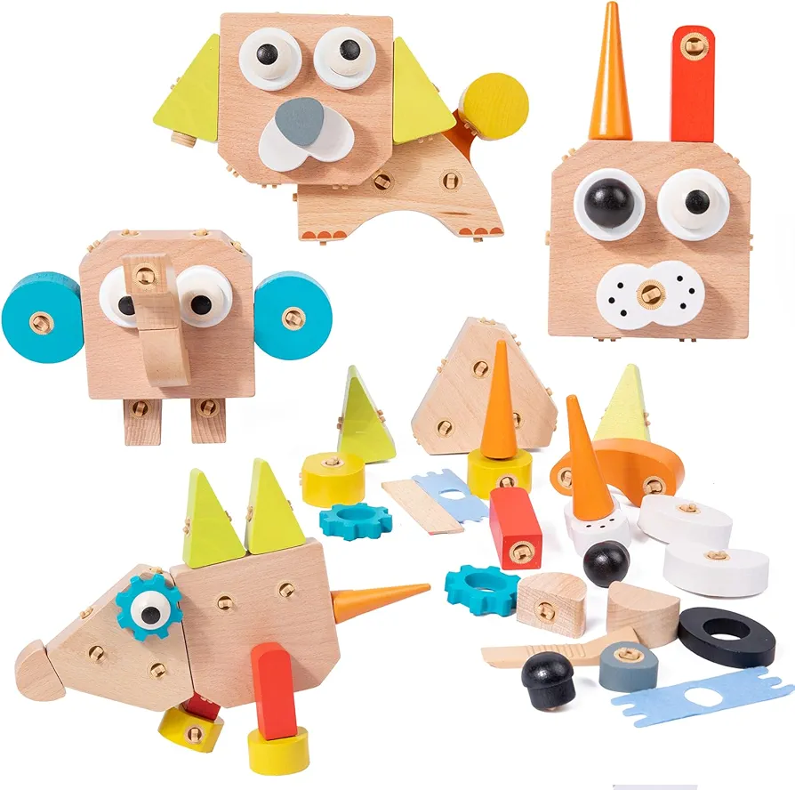 Wooden Building Blocks Set with Animal Shapes for Kids, DIY Build Pets, Dinosaurs, Elephants, Giraffes and Monkeys