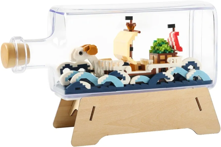 HI-REEKE Going Merry Ship in a Bottle Micro Building Blocks Set, Anime Piece One Pirate Mini Bricks Boat Model Battleship Toy Kit for Adults Kids Teens -1778PCS