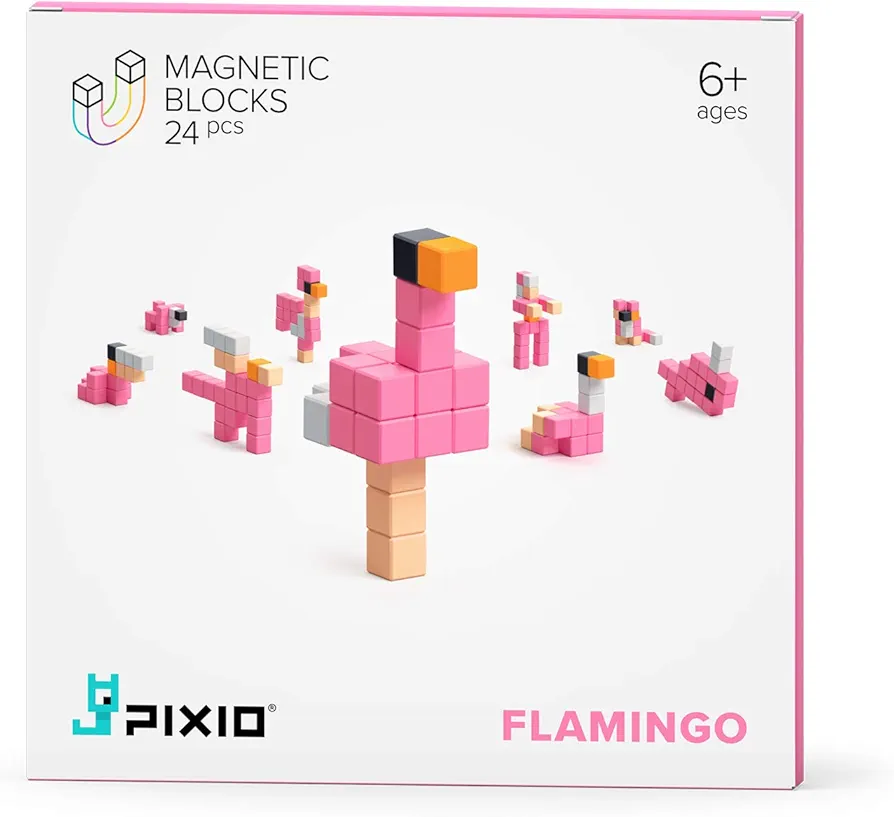 PIXIO Flamingo Story Series 24 Magnetic Blocks Stress Relief Construction Toy, Building Blocks in 8-bit Pixel Art, Creativity for Kids, Fidget Toy