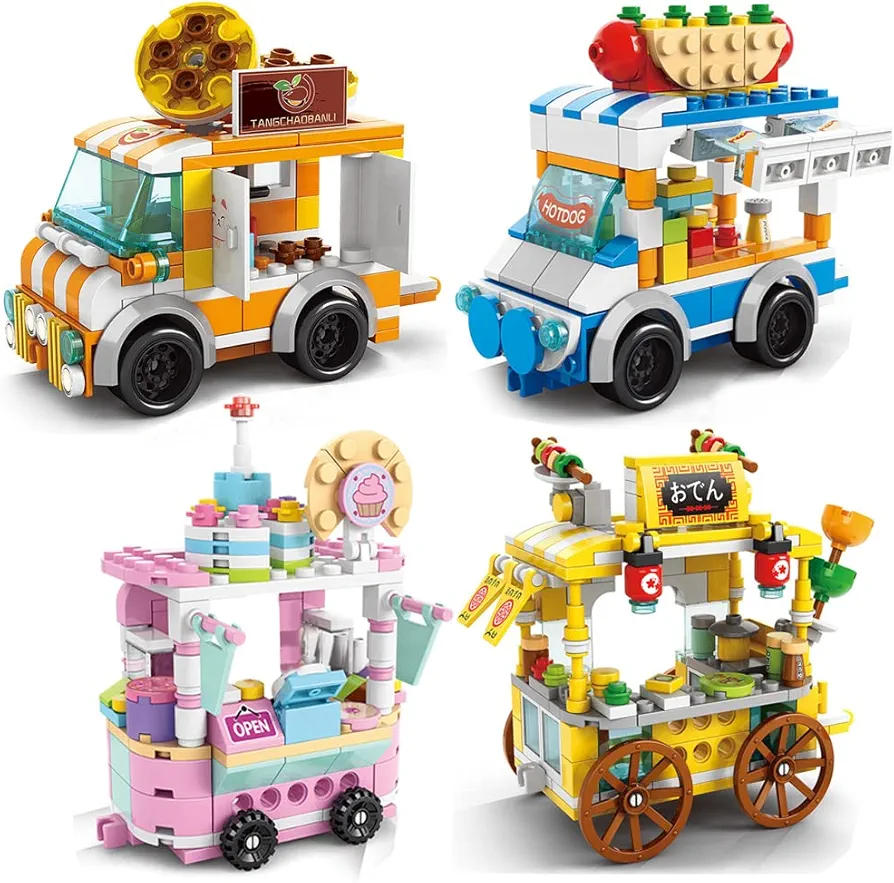 Street View Building Bricks Set Include Dessert Cart, Hot Dog Car, Snack Food Cart Building Block Toy STEM Construction Toy Building Block Sets 672PCS