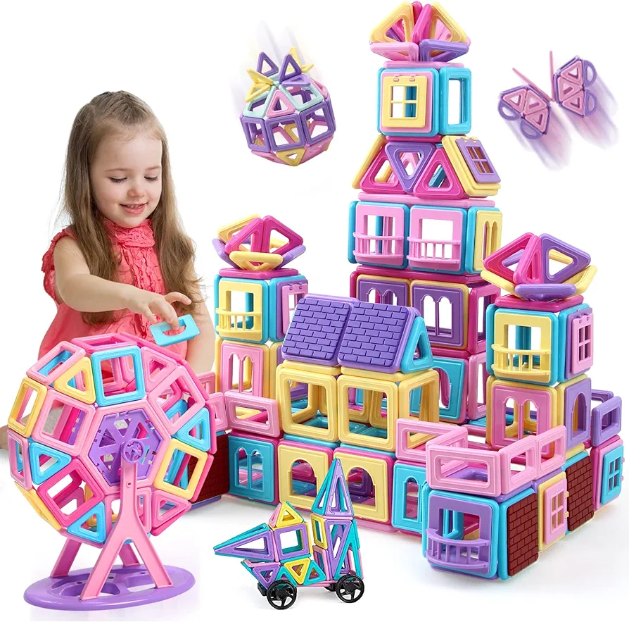 117PCS Magnetic Tiles Toys, Castle Magnetic Building Blocks Toys for 3 Year Old Girl Gifts, Montessori Toddler Gifts for 3 4 5 6 7 Year, Construction Magnet Toys for Kids Ages 4-8