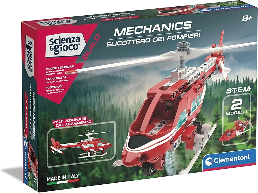 Clementoni - Science Build-Fire Helicopter-Children's Building Set 2 in 1, Mechanical Laboratory, Scientific Game 8 Years, Manual in Italian, Made in Italy, Multicoloured, Medium, 19275