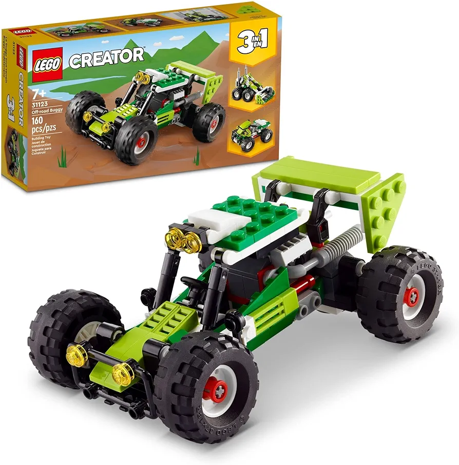 LEGO Creator 3 in 1 Off-road Buggy, Transforms to 3 Different Construction Vehicles from Skid Loader Digger to ATV Car Toy to Off-Roader, Construction Set for Kids 7 Plus Years Old, 31123