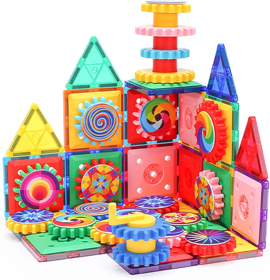 Magnetic Tiles with Gear, Magnetic Building Set for Boys and Girls, 130 Pieces, Magnetic Preschool Toy Set, Educational Building Toy