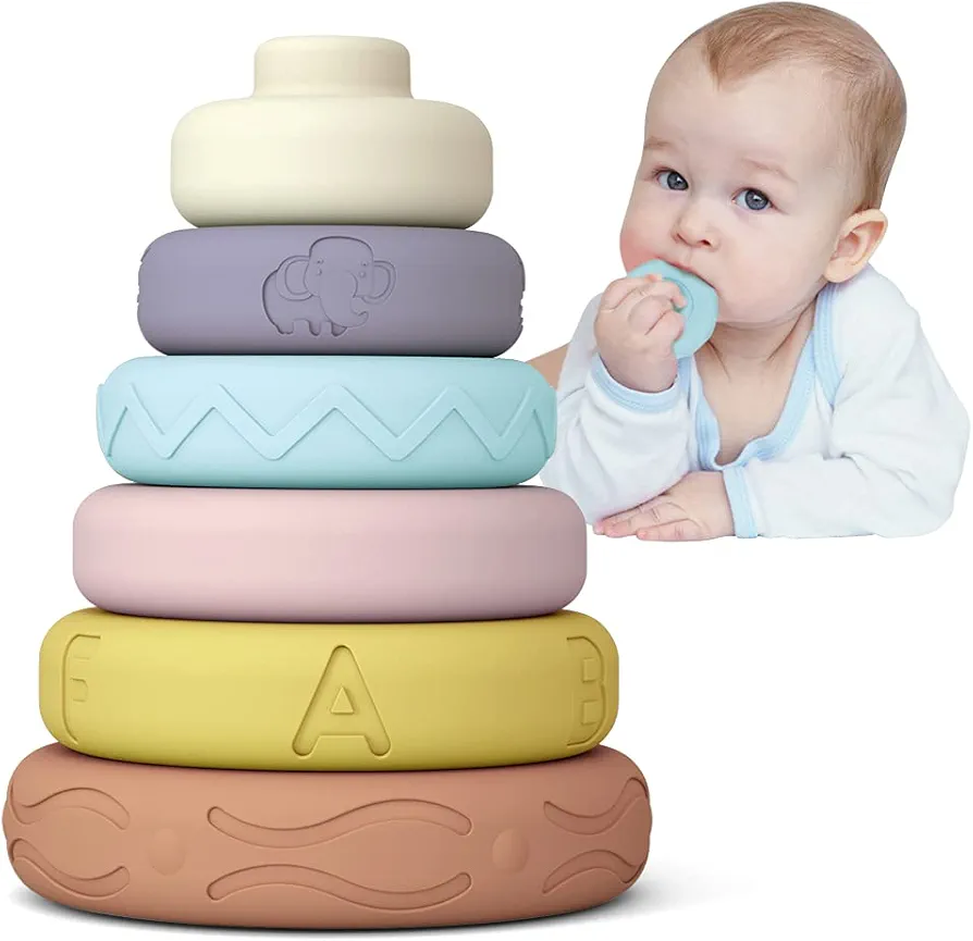 Mini Tudou 6 PCS Baby Girl Toy Stacking & Nesting Toys, Soft Stacking Blocks Ring Stacker, Baby Sensory Teethers Toys w/Letter, Animal and Shape, Early Learning Toys for Babies Toddlers Kids 6 Months