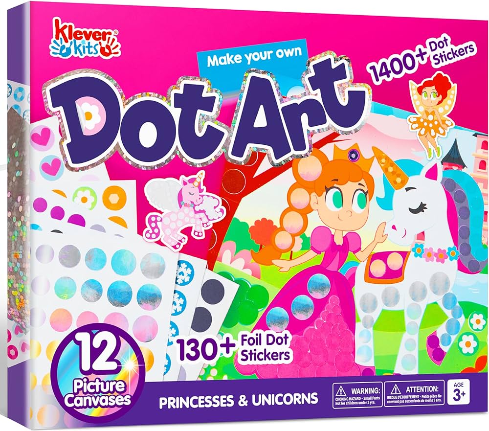 Klever Kits Dot Art Activity - No Mess Sticker Art for Kids, Scrapbooking Arts and Crafts Supplies, Birthday Gifts, Airplane Travel Toys for Boys & Girls Ages 3, 4, 5, 6, 7 (Unicorns & Princess)