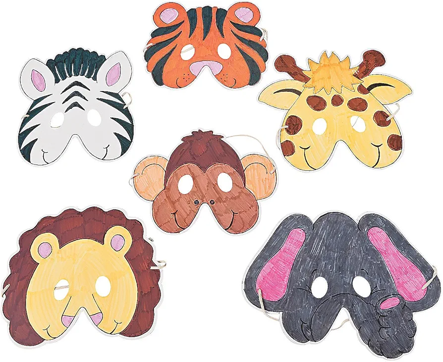 Fun Express Color Your Own Zoo Animal Masks - 12 Make Animal Faces Arts & Crafts Jungle Safari Party Zoo Animal Birthday Party - Kids Crafts Activities DIY Party favors - Dress Kids Home Activities