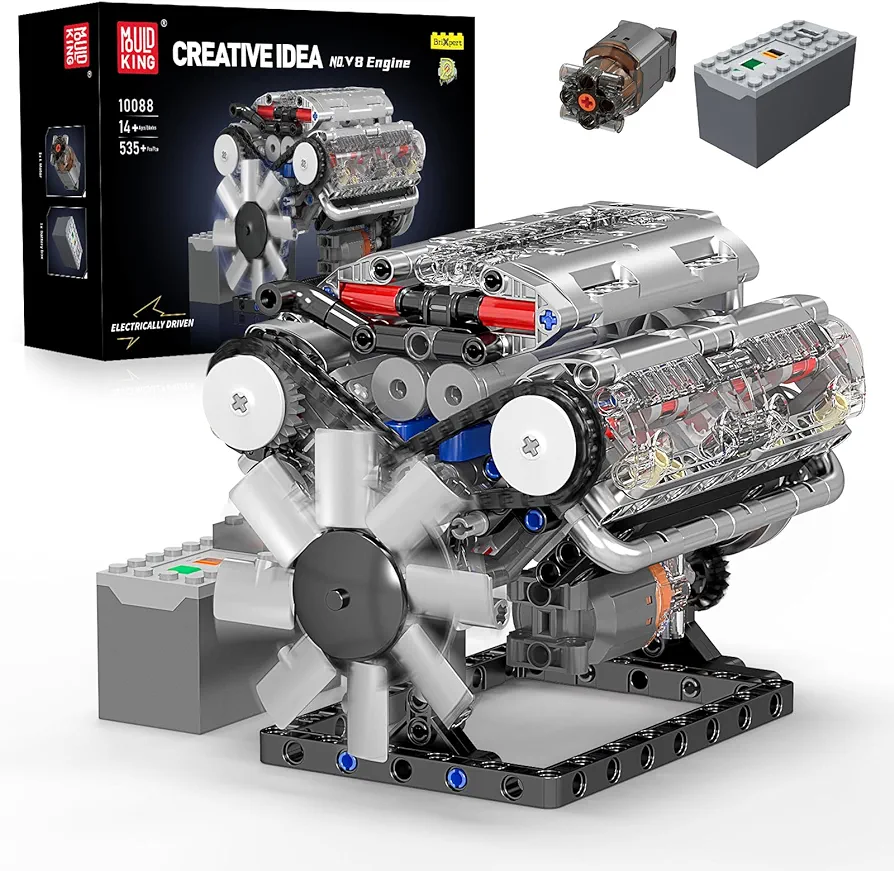 Mould King 10088 V8 Engine Building Kit - Build Your Own V8 Engine Toy, 8-Cylinder Petrol Car Engine Replica Model Building Kit for Kids/Teens 10+ Years (535 Pcs)