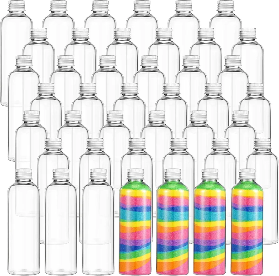 Nuenen 50 Pcs Sand Art Bottle with Funnels Plastic Potion Bottles Spell Jar Sand Container Bulk Collection Bottle Wish and Message Bottle for Craft Wedding Birthday Art Classroom(Silver, 4 oz)