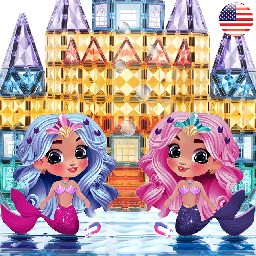 Mermaid Princess Magnetic Building Blocks Castle - Magnet Tiles Doll House - Educational Stem Playset Toddler toys - Birthday Gift for Kids Age 3 4 5 6 7 8 Year Old Girls & Boys