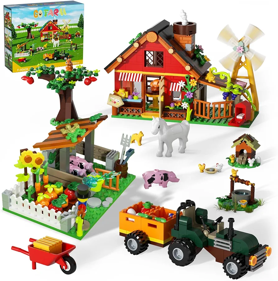 Farm House Building Set, Farmhouse Building Set, Animal Kits with Horse, Cow and Chicks, Farm Set with Tractor Toys, Educational Toys for Kids, Boys, and Girls Ages 6+ Party Present