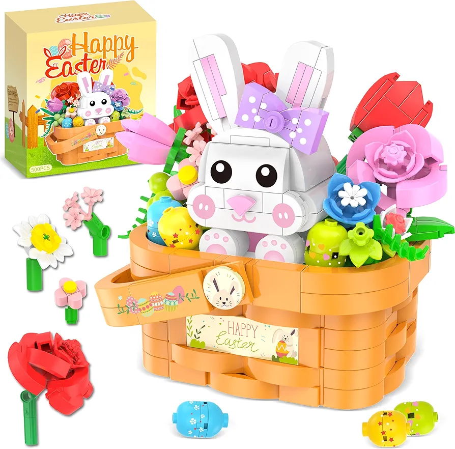 Easter Bunny and Easter Baskets for Kids Building Toys Kit - 500 Pcs Easter Toys with Easter Eggs Easter Flowers Building Blocks, Easter Gifts Easter Egg Fillers Easter Basket Stuffers for Kids Age 6+