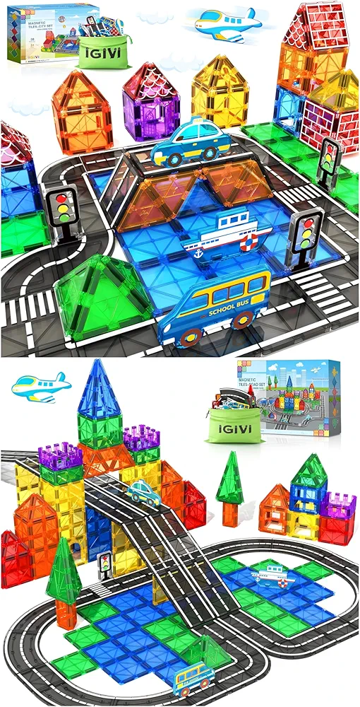 Magnetic Tiles Road Set with Cars Toys,Magnet Building Blocks Expansion Pack, STEM Construction Toys for Ages 5-7 4-8,Classroom Must Haves Preschool Toys