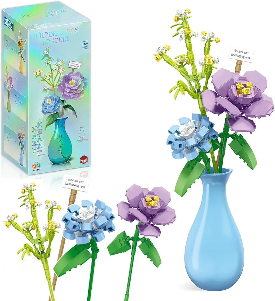 PAN TASY Flower Bouquet Mini Building Block Set with Vase for Adults, Wildflower Sunflower Building Toys, Birthday Anniversary DIY Gift for Girl Kids Ages 8-12 (Blue Vase)