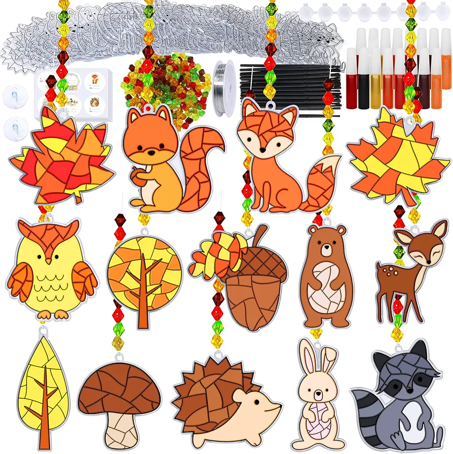 Winlyn 28 Sets Woodland Creatures Suncatchers Ornaments Decorations DIY Window Paint Art Suncatchers Fall Craft Kits Autumn Forest Animals Sun Catchers for Kids Holiday Classroom Activity Art Project