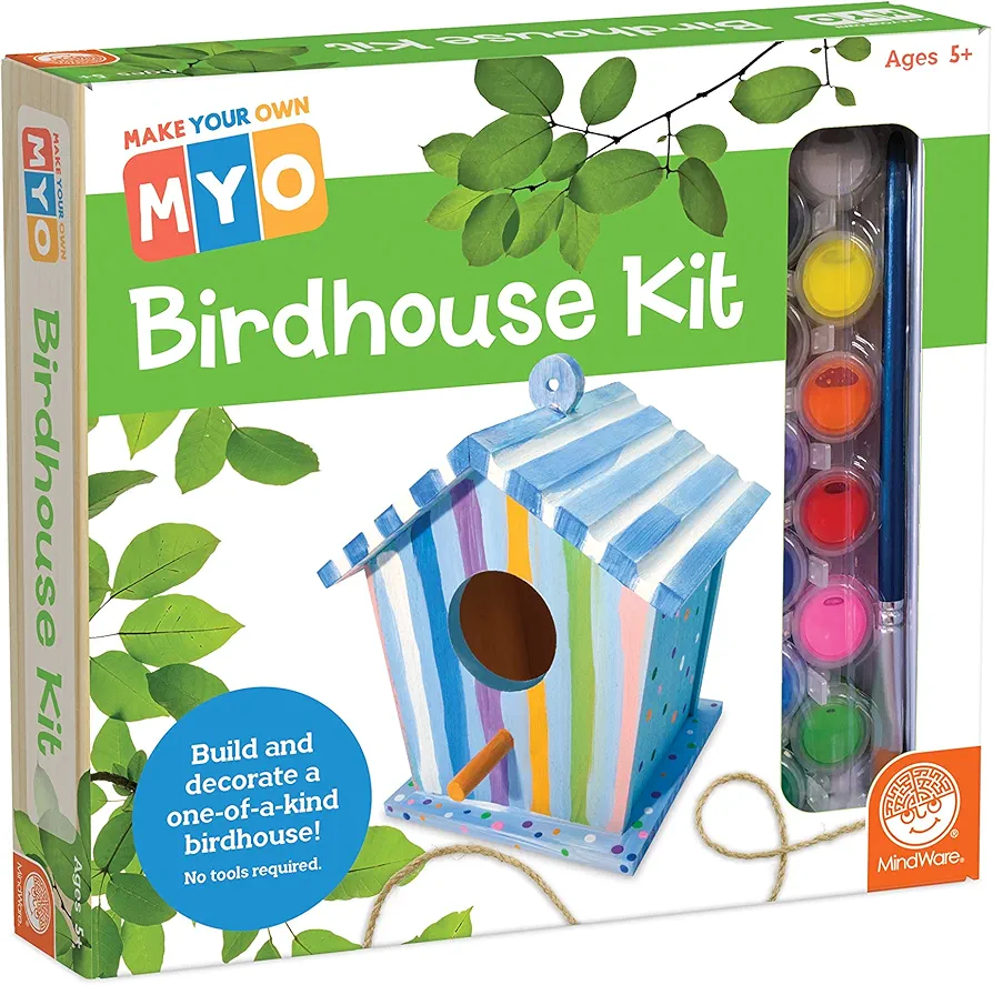 MindWare Make Your Own Birdhouse Kit - Wood Art Kit for Kids - includes Pre-Cut Wood Pieces and Art Supplies to Assemble and Paint Your Own Bird House - Ages 5 and Up