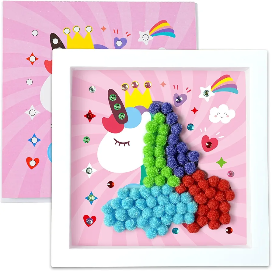 Unicorn Pom Pom Painting Art Kit with Frame, Boy & Girl Artistic Crafts, Pom Pom Painting Art Kit for Home Decor, Gift for Children