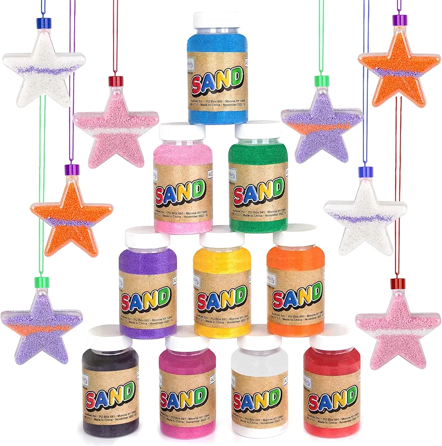 ArtCreativity Craft Sand Super Pack - Set of 24 - includes 10 Big Tubes of Colorful Sand & 14 Star Shaped Necklaces - Fun Party Favor, Prize and Crafts - for Boys and Girls Ages 3+