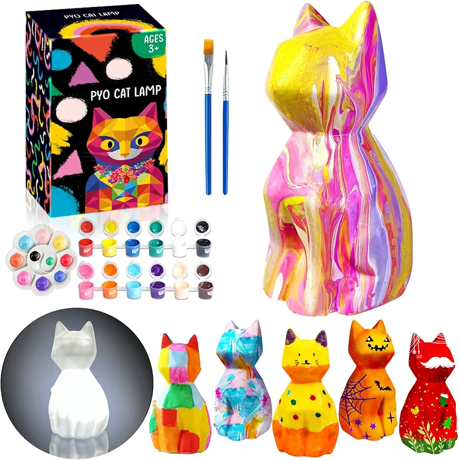 FUNZBO Paint Your Own Cat Lamp Kit - Arts and Crafts for Kids, Art Supplies Painting Kits, Toys for Age 3+ Toddlers Girls Boys Teens Birthday Gift, Cat Birthday Decorations