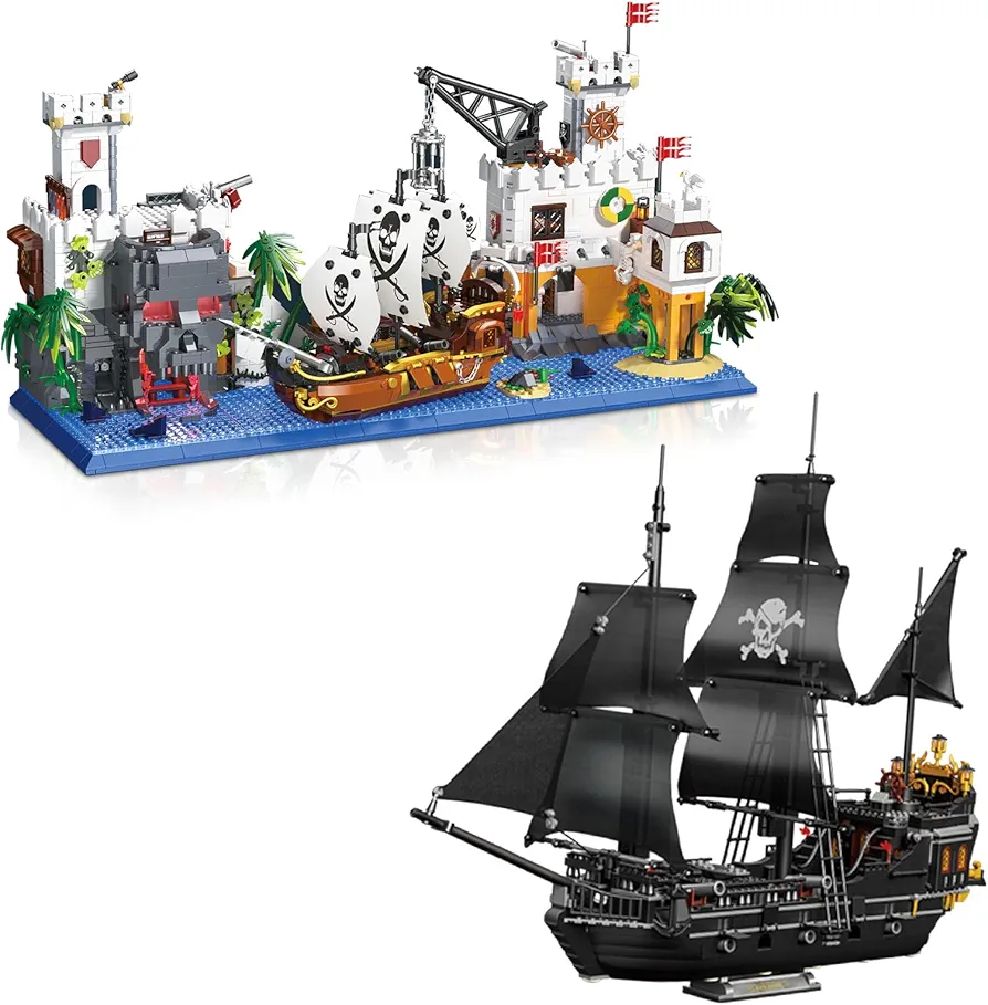 Hallisun Toy Building Block Set, Pirate Ship Bay & Pirate Ship Creative Mini Construction Bricks, Christmas Birthday Gift for Adult Children Teens Kids Boys Girls 8+ 10+