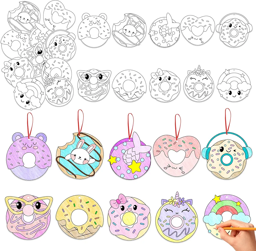 Donut Coloring Craft Art - 83PCS Donut Theme Party Activities Coloring Kits for Kids, Color Your Own DIY Desserts Cards Hanging Ornament, Summer Draw Paper Book Activity School Classroom Favors