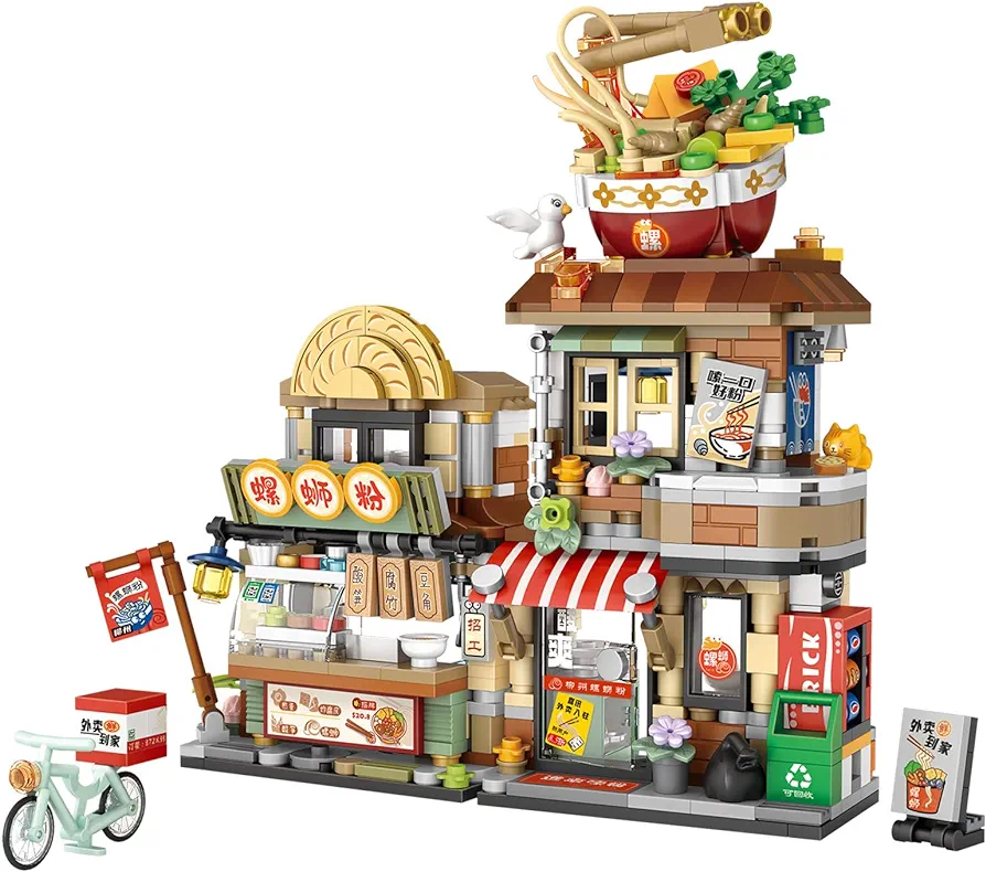 Street View Noodle Shop Mini Building Blocks, MOC Creative Architecture Toys Model Set, 870 PCS Simulation Architecture Building Toy Gift for Kid(Noodle Shop)