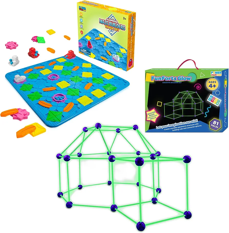 Power Your Fun Jumbo Maze Builder Track Set 46pc Logical Road Builder Puzzle Board Game and Fun Forts Glow Fort Building Kit -81 Pack Glow in The Dark STEM Building Toy Bundle