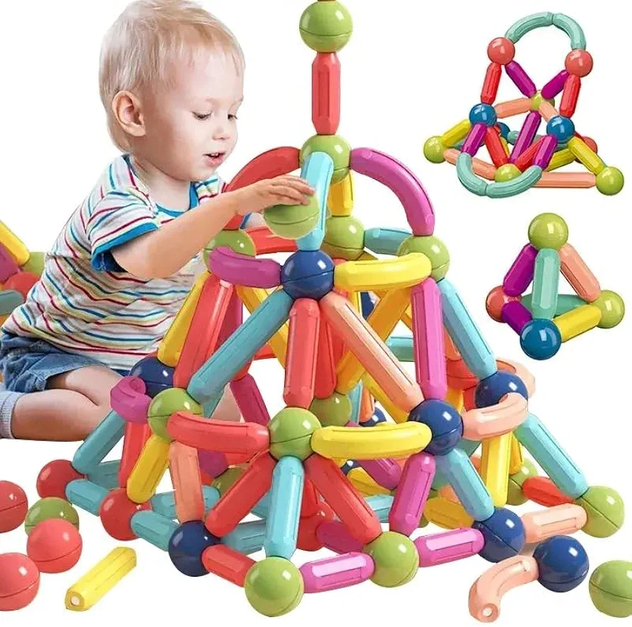 Magnetic Building Blocks Set, 100+ PCS Magnetic Balls and Rods for Kids Building Sticks, 4 Colors and 4 Designs, Magnetic Building Blocks for 3 Year+ Toddlers Juniors