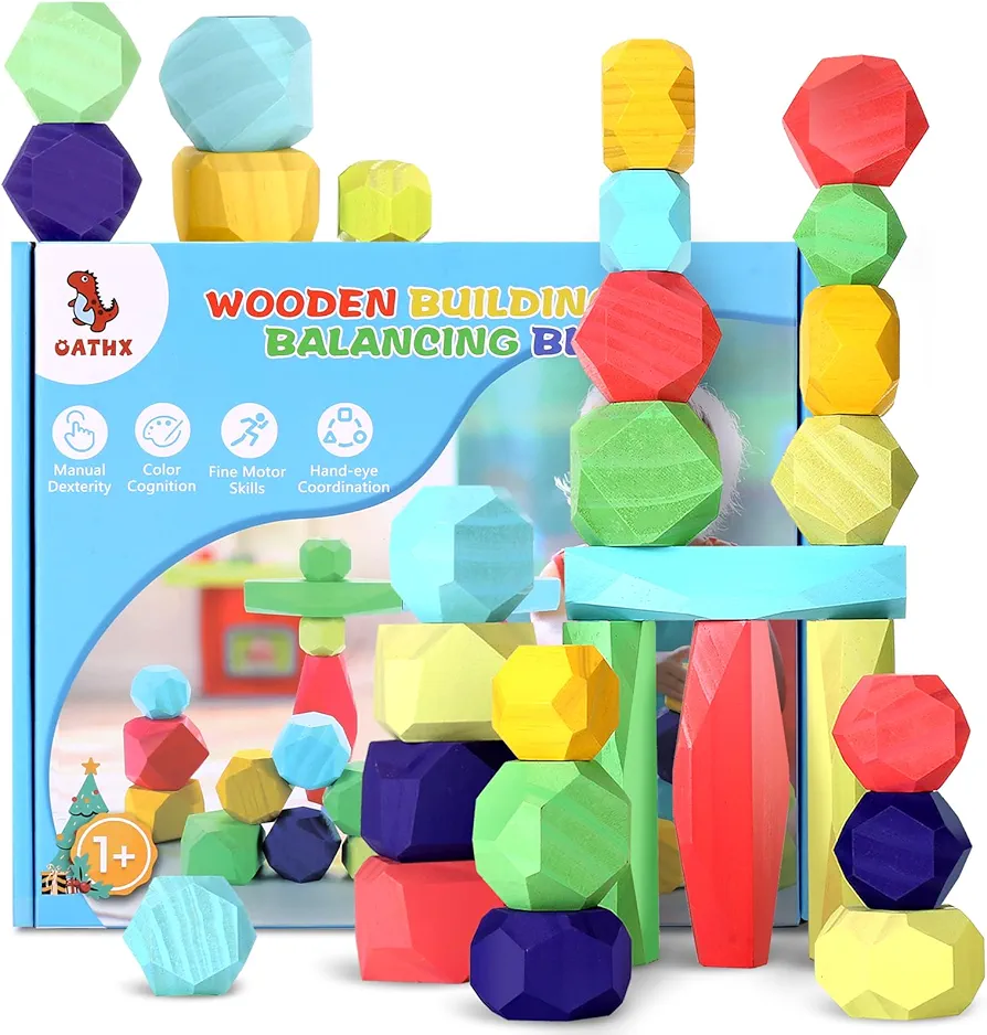 oathx Montessori Toys Wooden Blocks for Toddlers 1-3, 28Pcs Extra Large Stacking Stones Building Blocks, Preschool Wooden Sorting Stacking Rocks Toys for 1+ Year Old Boys Girls…