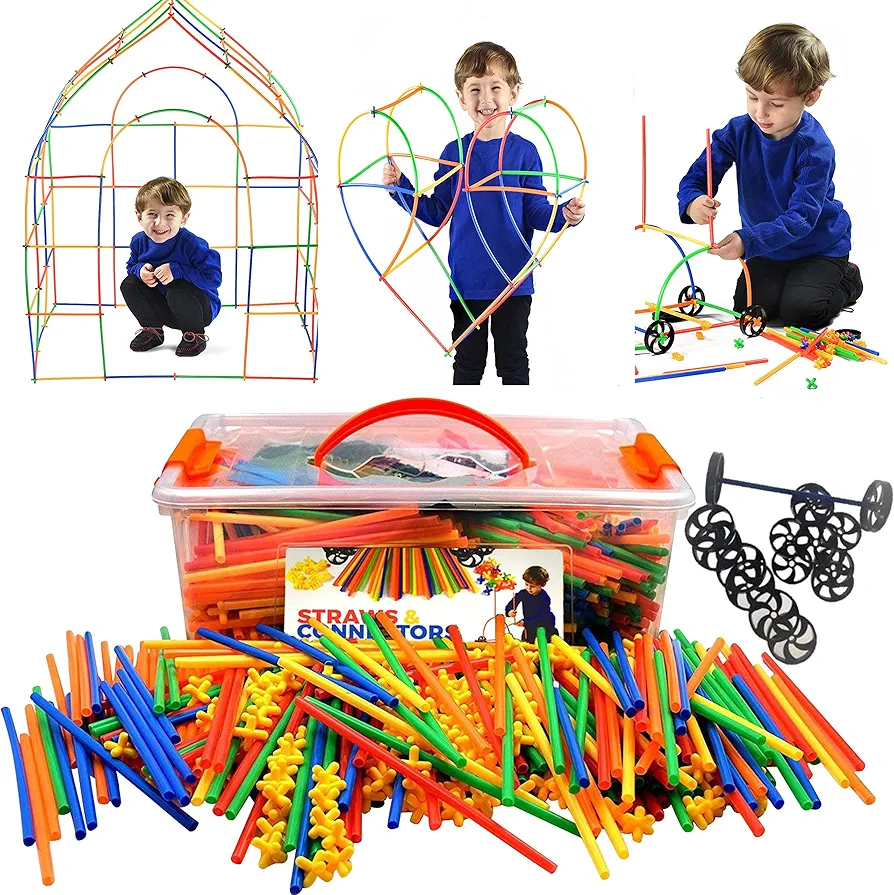 Playlearn Large 816 Piece Straws Builders Construction Building Toy – 8 Inch Full Size Straws - Giant Pack with Wheels and Special Connectors