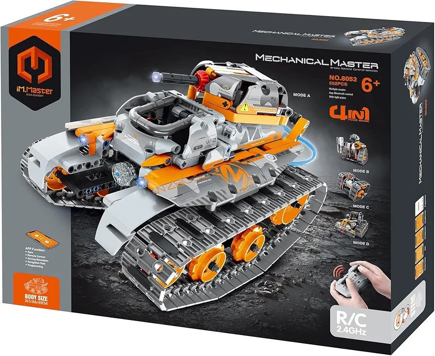 Mechanical Master - R/C 4-in-1: Tank Robot - 552pcs - Bricks Model Set: Tank-Robot-Cube-Car w/Remote Control, Building Blocks