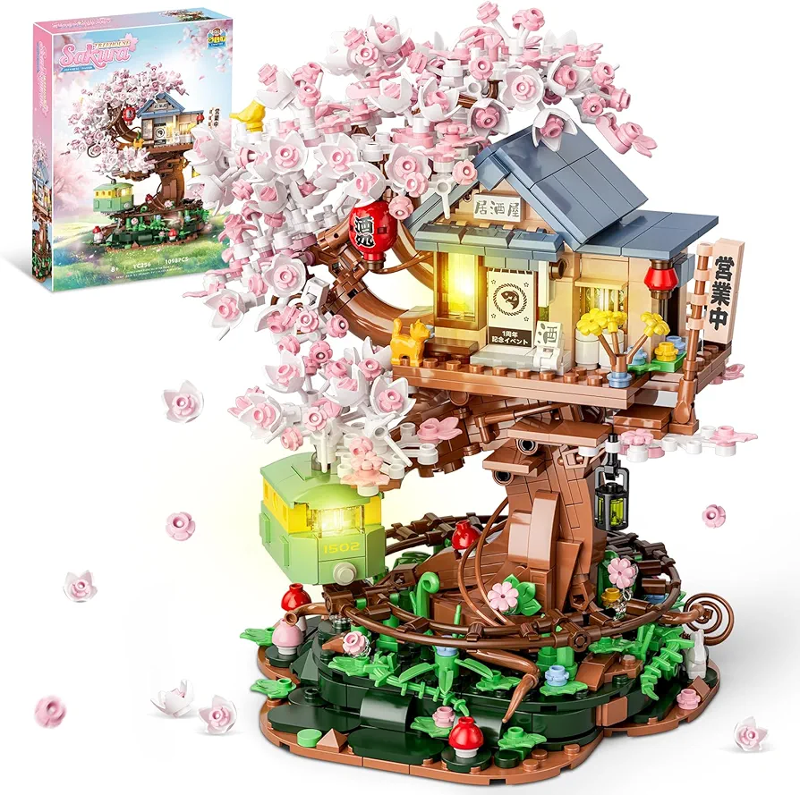 Cherry Blossom Treehouse Building Set for Girls 8-12, Compatible with Lego Friends, Flowers House Japanese Izakaya Shop Architecture Building Blocks Toy with Light for Adults, Gift for Kids (1098 PCS)