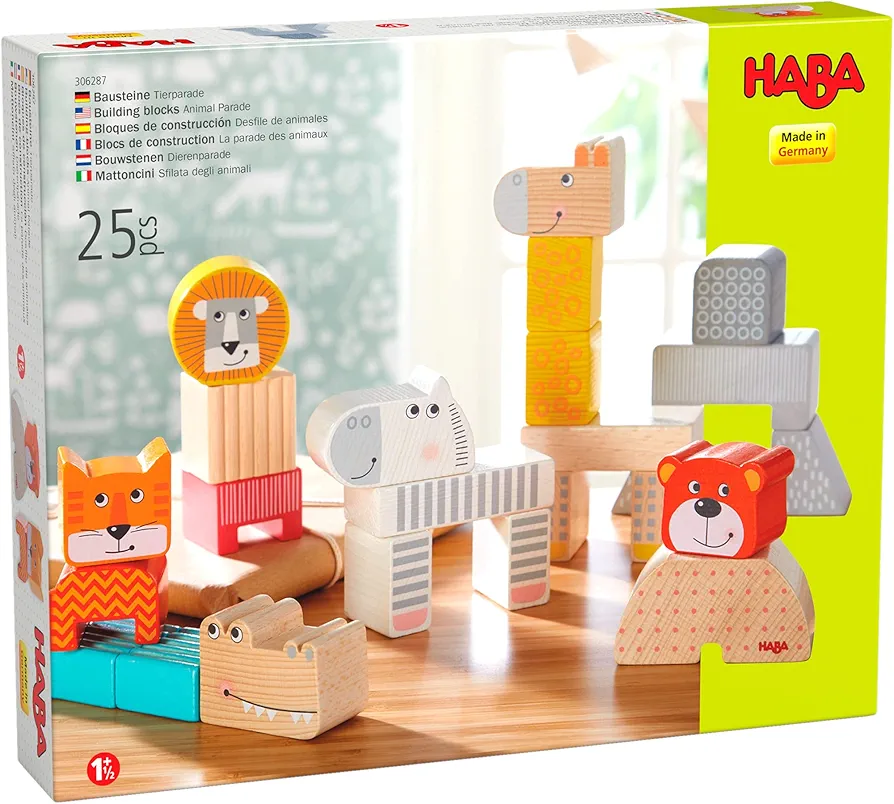 HABA Animal Parade Wooden Blocks - 25 Piece Building Block Set (Made in Germany)