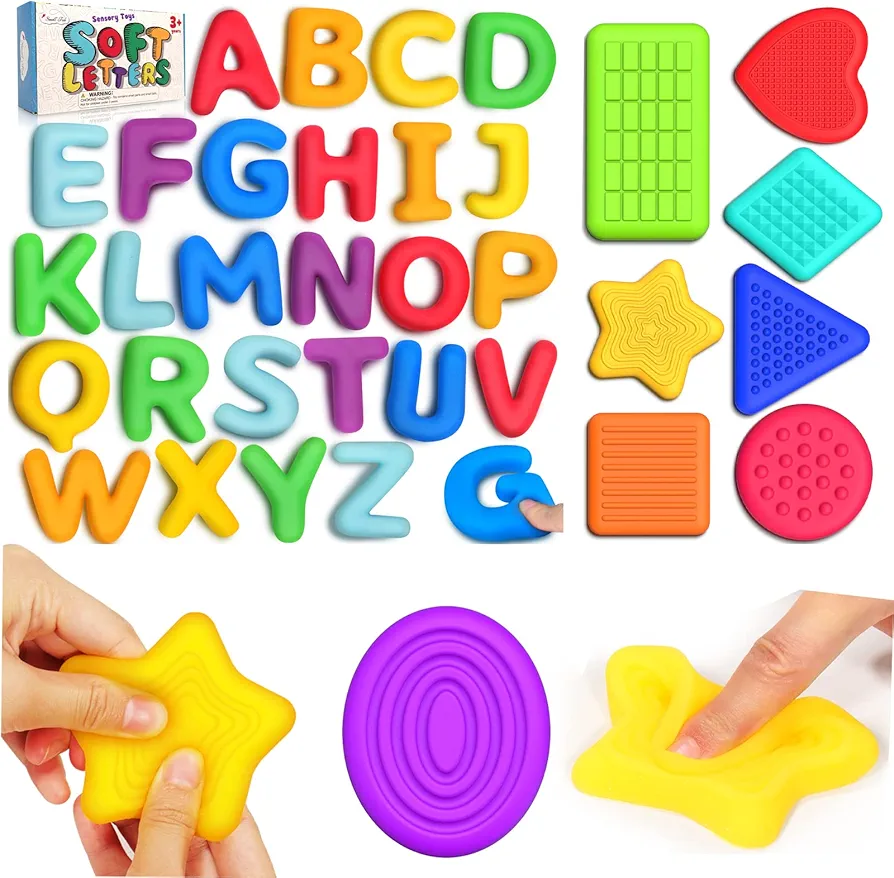 26pcs squishy sensory letters and 8pcs textured shape toys bundle