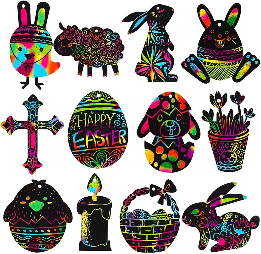 XJF Easter Scratch Art for Kids,24pcs Easter Eggs Bunny Chick Ornament,Magic Scratch Paper Art for Easter Decoration,Party Supplies,Classroom Activity Black