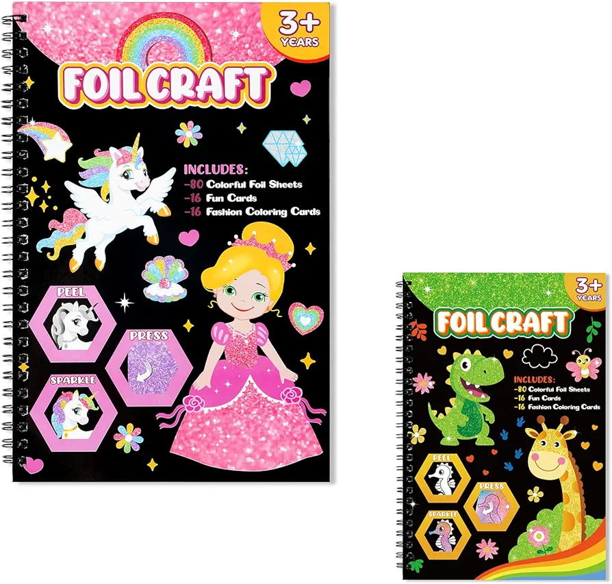 Art & Craft Activity,Foil Fun Princess and Animals DIY Art Kits,No Mess Creative Foil Art Kits Set Drawing Game for Kids