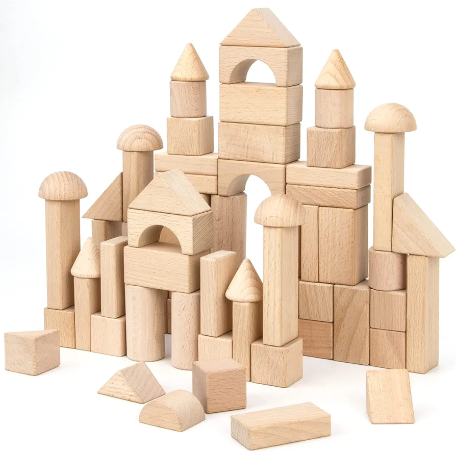 Wooden Building Blocks Set, 80 PCS Natural Wood Stacking Block Toy with Carrying Bag, Montessori Learning Birthday Gifts for 3 4 5 Year Olds Toddlers Kids Boys Girls Children