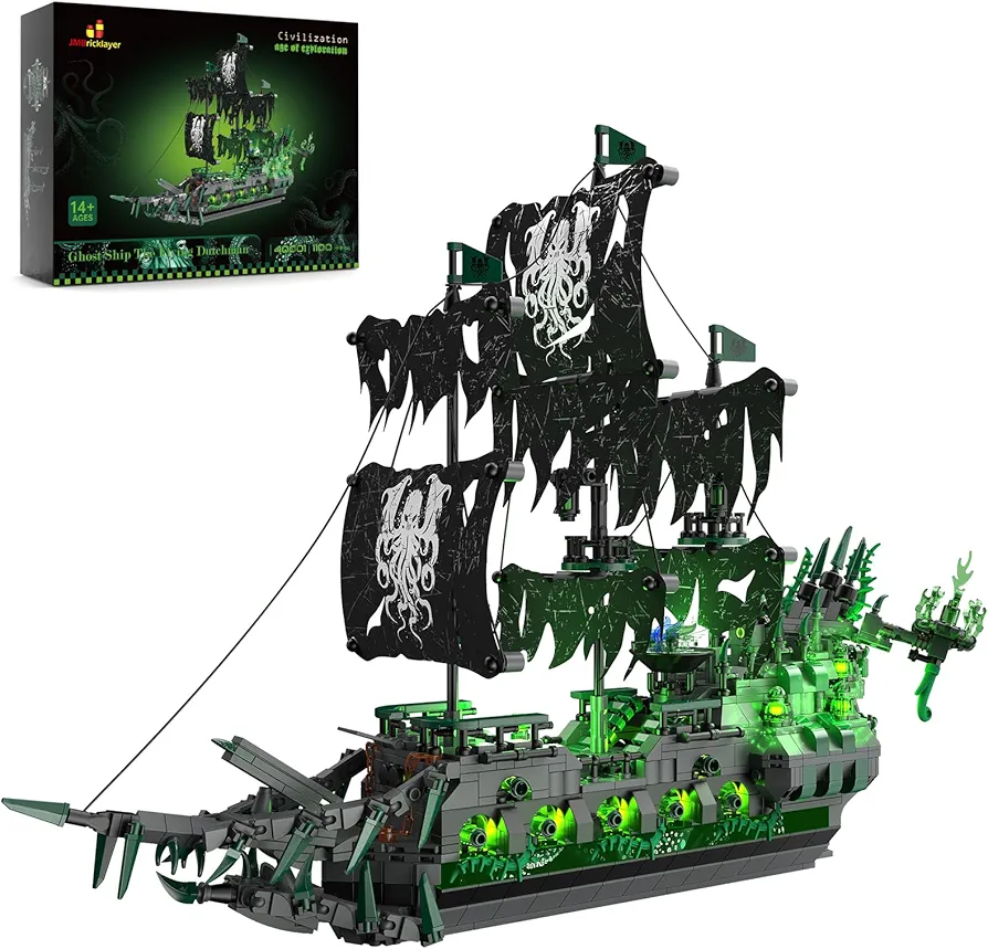 JMBricklayer Pirate Ship Building Toys with Lights, Ghost Ship Flying Dutchman Model Ship Boat 40001, Toy Building Sets for Adults, Halloween Decor Christmas Birthday Gifts for Boys Girls 14+