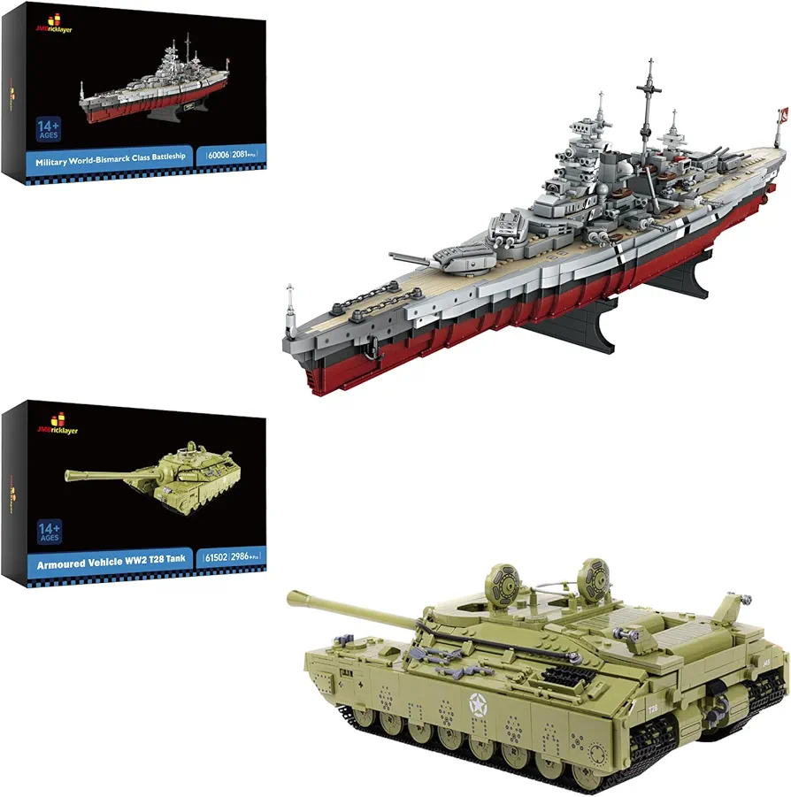 JMBricklayer Battleship Building Block Set 60006 & Tank Building Set 61502, WW2 Military Model Kit, Collectible Display Sets for Adults, Army Toy Gifts for Boys