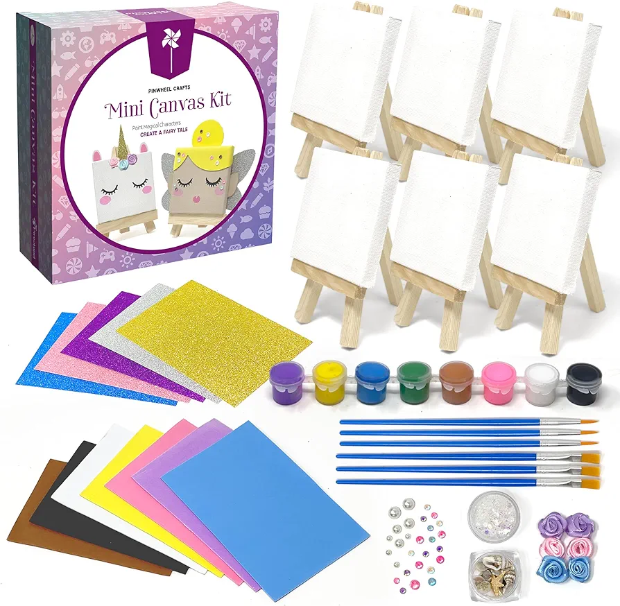 Pinwheel Crafts Mini Canvas & Easel Set, Magical Creature Painting Kit for Kids – Paint Brushes, Paints, Easels & Creative Canvas Art Supplies for Kids Party Activity