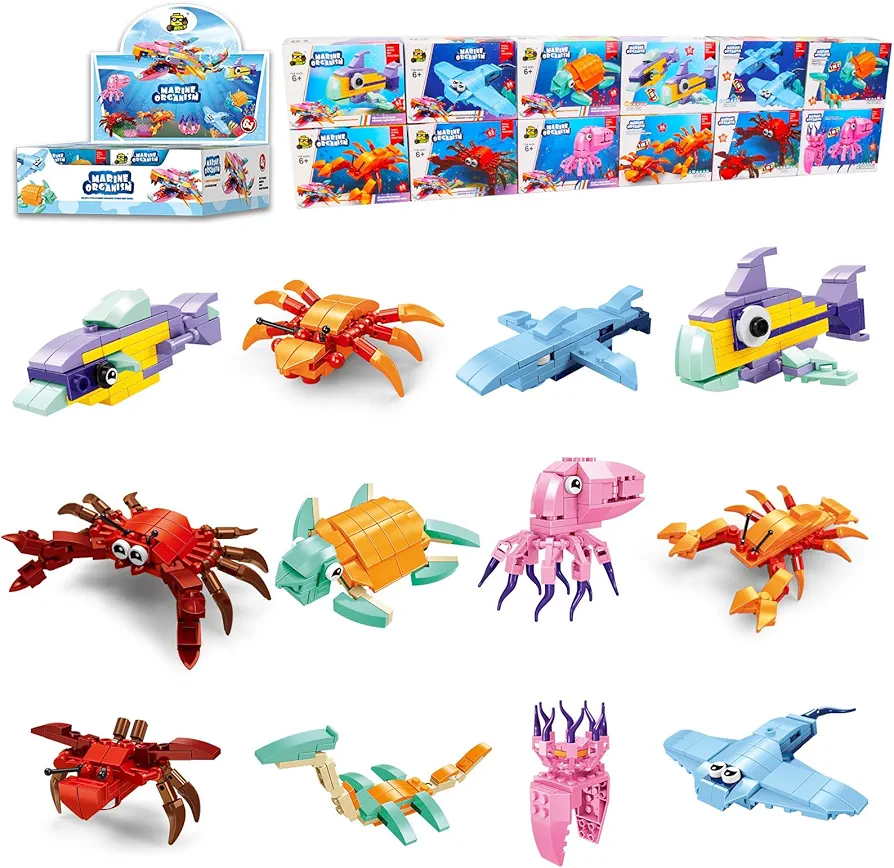 Ocean Party Favors for Kids,12PCS Sea Creatures Building Blocks Set，Stem Toys for Birthday Party Gift,Goodie Bags Stuffer, Classroom Prize,Cake Topper for Boys Girls Ages 4-12+