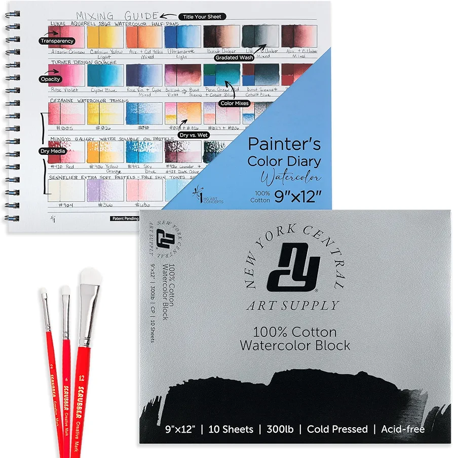 NYC Watercolor Block 300 lb. Cold Press 9x12" w/ 140 lb. Spiral Bound Color Diary and Set of 3 Scrubber Watercolor Brushes