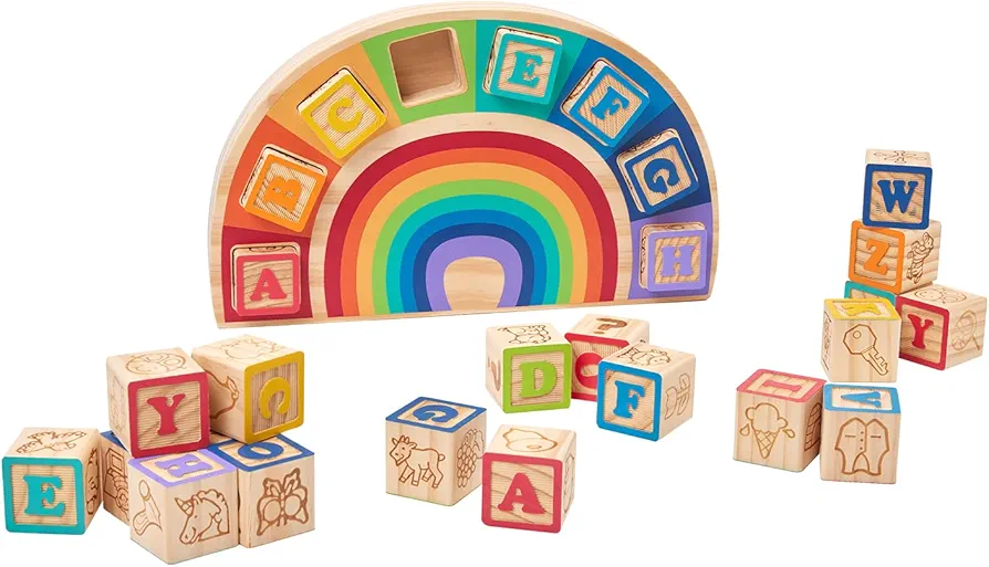 Building Blocks Set Wooden Blocks for Toddlers Rainbow ABC Letter Alphabet Stacking Blocks 26 Pcs Montessori Toys Educational Learning Toys for Kids Age 18 Months for Girls Boys