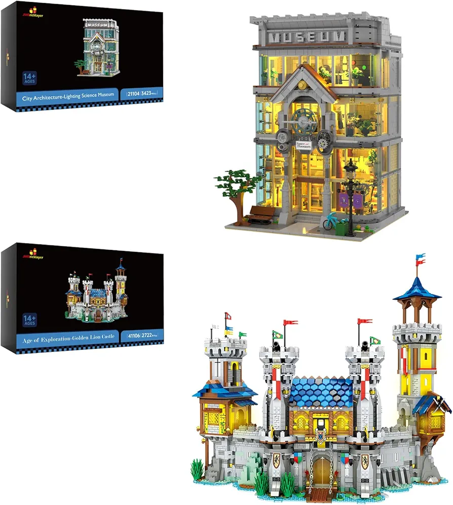 JMBricklayer Science Museum Building Set 21104 & Medieval Castle Building Set 41106, Ideas House Model Toy Construction Set with LED Light, Collectible or Home Office Display, Gifts for Boys Girls