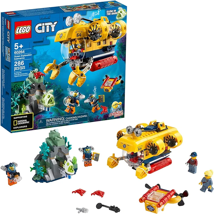 LEGO City Ocean Exploration Submarine 60264, with Submarine, Coral Reef Setting, Underwater Drone, Glow in The Dark Anglerfish Figure and 4 Explorer Minifigures (286 Pieces)